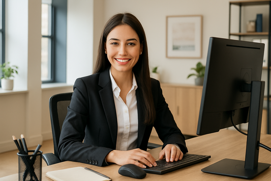 create an image of a young attractive smiling female executive assistant seated at a desk with a computer in a nice office