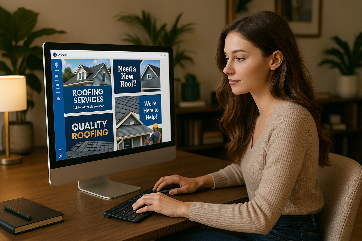a young attractive caucasion female is creating graphics that will become facebook posts for roofing contractors on a computer while seated in a nicely furnished office. 
