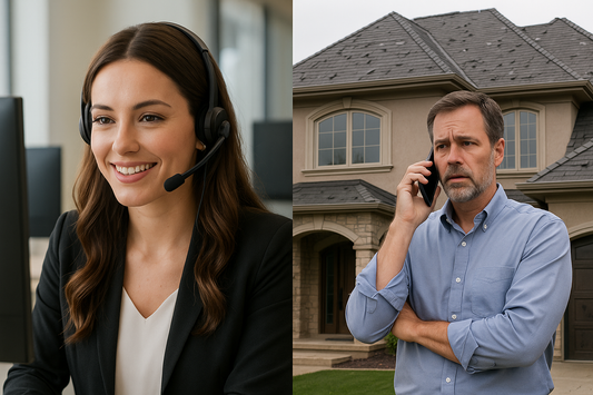 Attractive caucasion woman with a headset on in a nice office one side of the image and a caucasion male homeowner on a cell phone in front of an expensive high end custom home that has roof damage from hailstone strikes