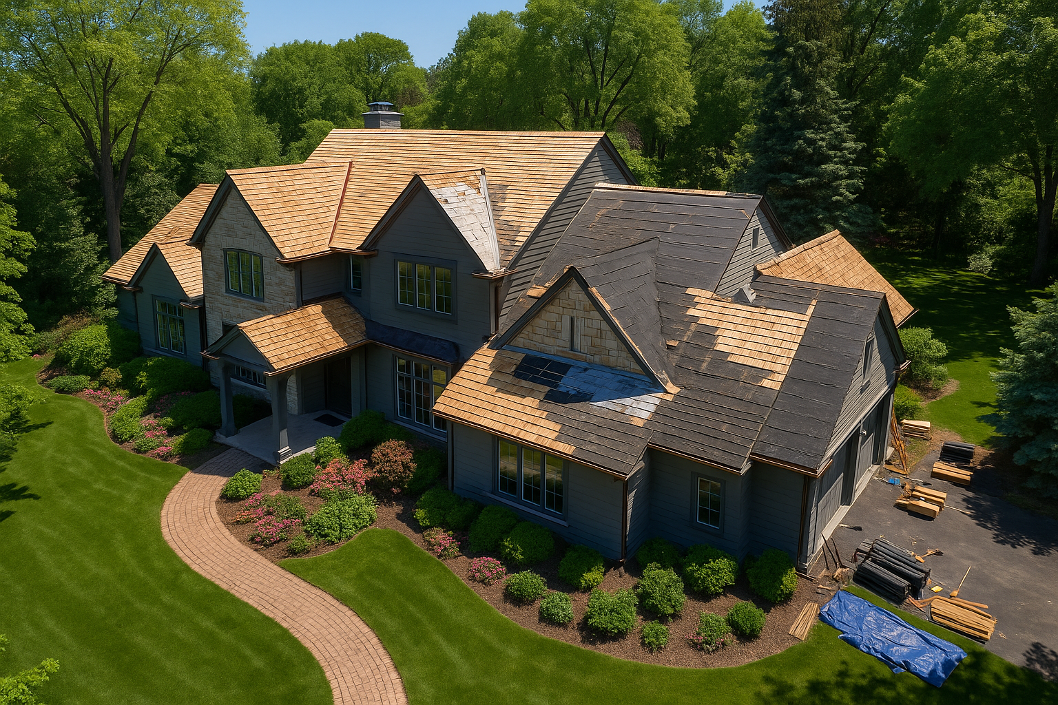 keep this the same but show a complete lived in landscaped home that is getting a new cedar shake roof with copper gutters that is 80% complete only