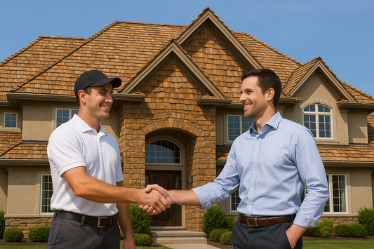 Make the contractor in a polo shirt and slacks. Make the Roof and house larger. Make the roof cedar shake 