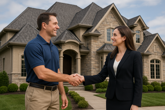 Roofing contractor wearing a polo shirt and slacks shaking hands with a well dressed attractive female homeowner. Include a house in the image with a large custom home with a fancy roof