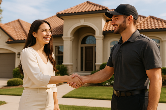 well dressed in a light colored outfit is an attractive young smiling homeowner shaking hands with a roofing contractor dressed in a polo shirt and pants with belt standing outside in front of a large custom built home with a clay roof
