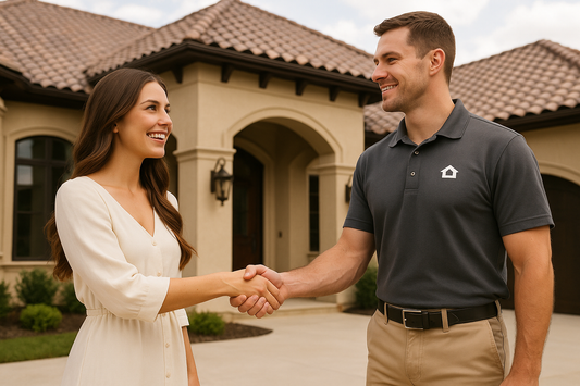 well-dressed-in-a-light-colored-outfit-is-an-attractive-young-smiling-homeowner-shaking-hands-with-a-roofing-contractor-dressed-in-a-polo-shirt with small logo on left side at chest-and-pants-with-belt-no hat--standing-outside-a large custome home-with clay roof